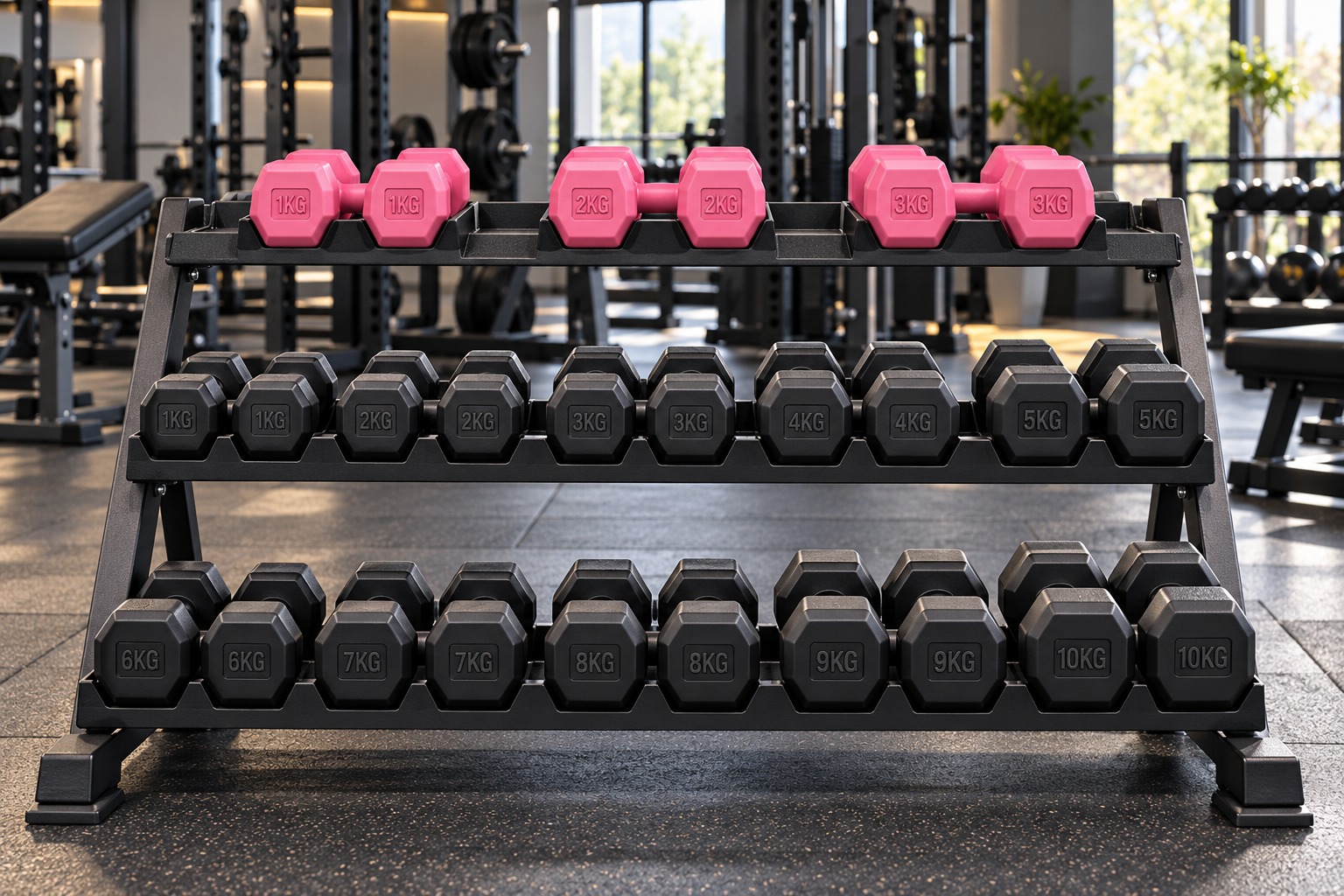 Spor salonunda rafta sergilenen siyah ve pembe dambıllar